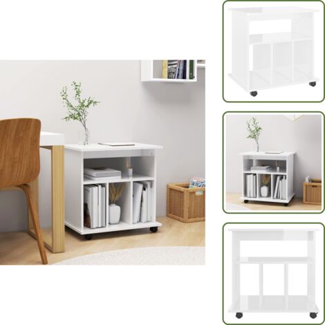 The Living Store Mobiletto con Ruote Bianco Lucido 60x45x60 cm Legno Multistrato - Mobiletto in legno