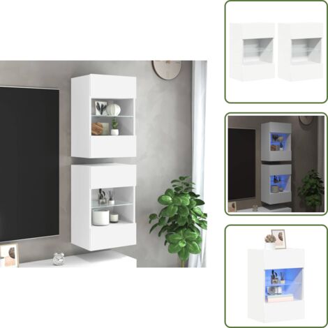The Living Store Mobili da parete con luci LED per TV 2pz Bianchi 40x30x60,5 cm - Luci LED