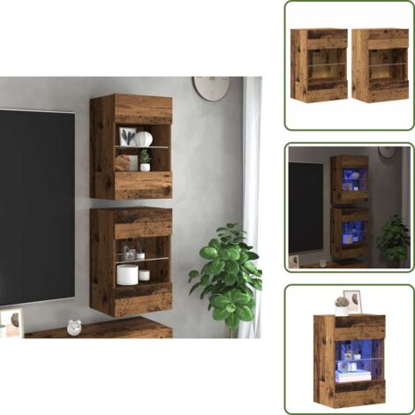 The Living Store Mobili da parete con luci LED per TV 2pz Legno Vecchio 40x30x60,5 cm - Luci LED RGB