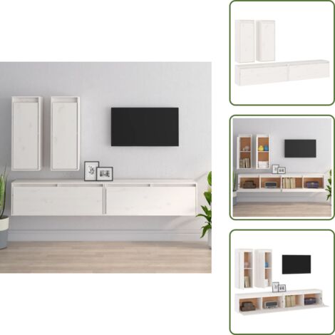 The Living Store Mobili TV 4 pz Bianchi in Legno Massello di Pino - Armadi da parete