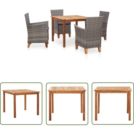 The Living Store Mobilier à dîner 5 pcs résine tressée et bois d'acacia gris - Salon De Jardin - Mobilier De Jardin - Set De Repas Extérieur - Table Et Chaises - Acacia Massif