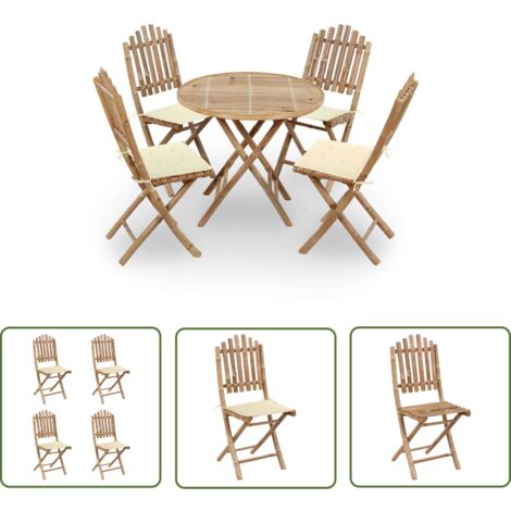 The Living Store Mobilier à dîner d'extérieur pliable 5 pcs avec coussins bambou - Salon De Jardin - Mobilier De Jardin - Set De Table - Meubles De Jardin - Table Pliante