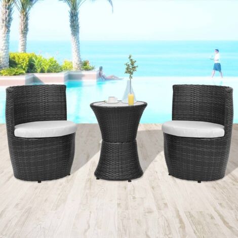 The Living Store -  Mobilier de bistro 3 pcs avec coussins Résine tressée Noir