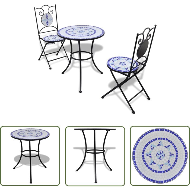 The Living Store - Ensemble de bistro 3 pcs Carreaux céramiques Bleu et blanc - Ensemble De Bistro - Salon De Jardin - Meubles De Jardin - Table Et