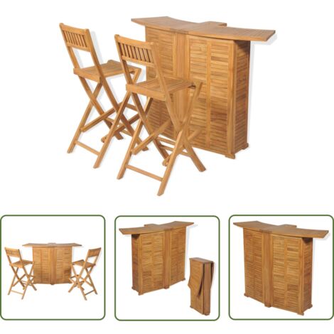 The Living Store Mobilier de bistro 3pcs et chaises pliables Bois de teck solide - Ensemble De Bar - Mobilier De Jardin - Salon De Jardin - Table De Bar - Chaises Pliantes