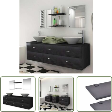 The Living Store Mobilier de salle de bain avec lavabo 7 pcs Noir - Meuble De Salle De Bain - Ensemble Salle De Bain - Rangement Salle De Bain - Lavabo Suspendu - Miroir Salle De Bain