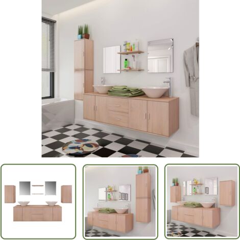 The Living Store Mobilier de salle de bain avec lavabo 9 pcs Beige - Meuble De Salle De Bain - Ensemble Salle De Bain - Rangement Salle De Bain - Lavabo Suspendu - Meubles Salle De Bain Design