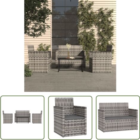 The Living Store Mobilier d'extérieur 4 pcs avec coussins Résine tressée Gris - Salon De Jardin - Meuble De Jardin - Mobilier Extérieur - Set De Salon - Résine Tressée