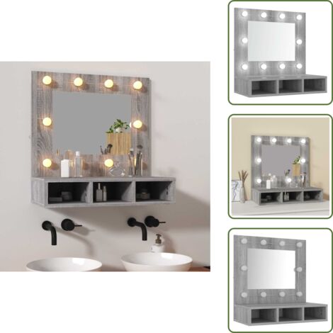 The Living Store Mueble con espejo y LED color gris Sonoma 60x31,5x62 cm - Armario con luz LED