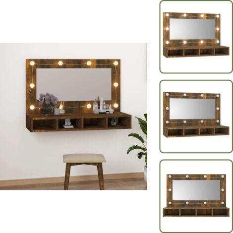 The Living Store Mueble con espejo y LED color roble ahumado 90x31,5x62 cm - Armario con luz LED