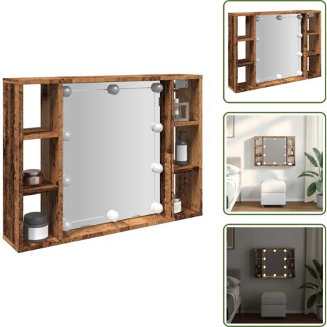 The Living Store Mueble con espejo y LED madera ingeniería envejecida 76x15x55cm - Armario con luz LED