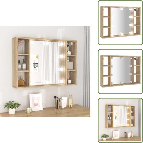 The Living Store Mueble con espejo y luces LED roble Sonoma 76x15x55 cm - Armario con espejo