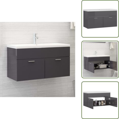 The Living Store Mueble con lavabo madera de ingeniería gris brillante - Lavabo empotrado