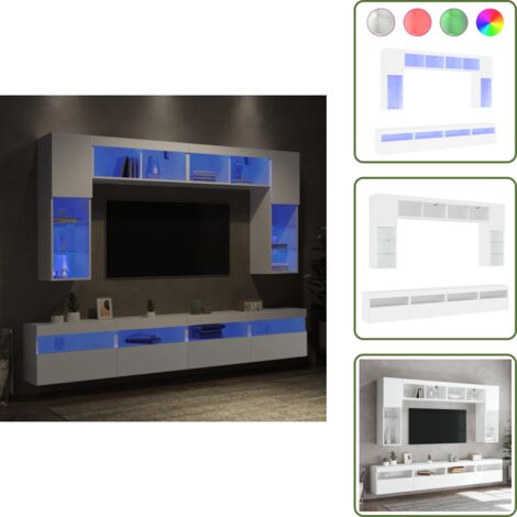 The Living Store Mueble de pared de TV con luces LED 8 piezas blanco - Luz LED