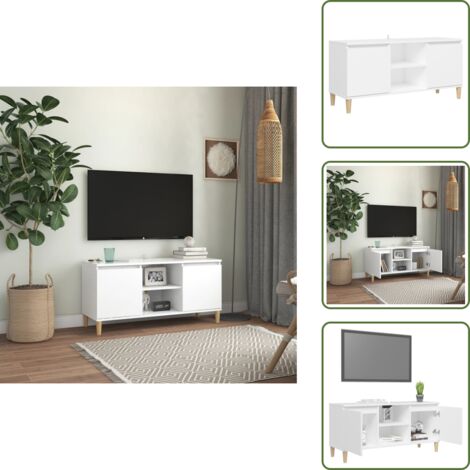 The Living Store Mueble de TV con patas de madera maciza blanco 103,5x35x50 cm - Mueble de TV