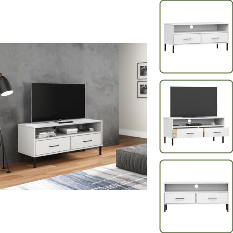 The Living Store Mueble de TV con patas de metal OSLO madera maciza pino blanco - Madera maciza