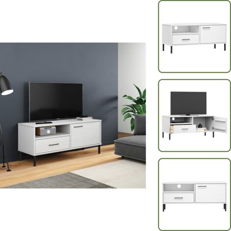 The Living Store Mueble de TV con patas de metal OSLO madera maciza pino blanco - Madera maciza