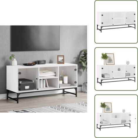 The Living Store Mueble de TV con puertas de vidrio blanco 102x37x50 cm - Mueble de almacenamiento