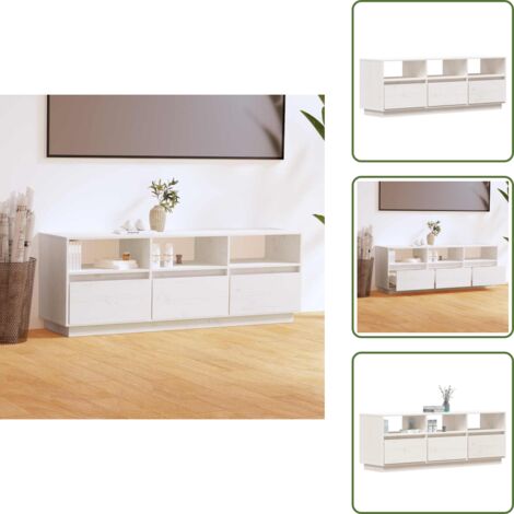 The Living Store Mueble de TV de madera maciza de pino blanco 140x37x50 cm - Armario bajo