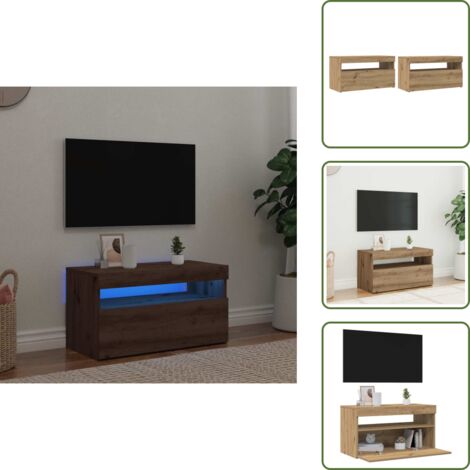 The Living Store Mueble de TV luces LED madera roble artisan 75x35x40 cm - Luz led rgb