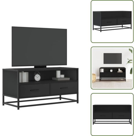 The Living Store Mueble de TV madera de ingeniería y metal negro 80x34,5x40 cm - Madera de ingeniería