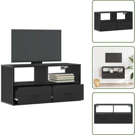 The Living Store Mueble de TV metal y madera de ingeniería negro 80x31x39,5 cm - Mueble de pared
