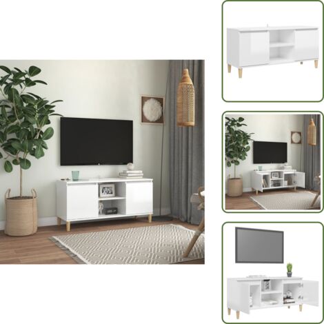 The Living Store Mueble de TV patas madera pino blanco con brillo 103,5x35x50 cm - Mueble de tv