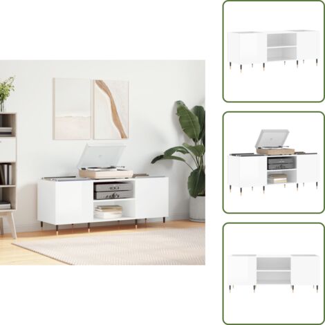 The Living Store Mueble discos madera contrachapada blanco brillo 121x38x48 cm - Almacenamiento de vinilos