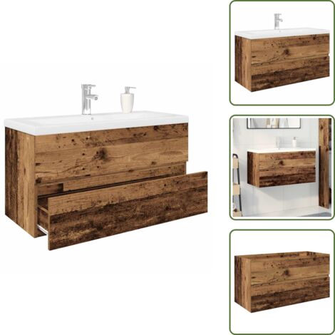 The Living Store Mueble lavabo con lavabo integrado y grifo madera vieja - Lavabo empotrado