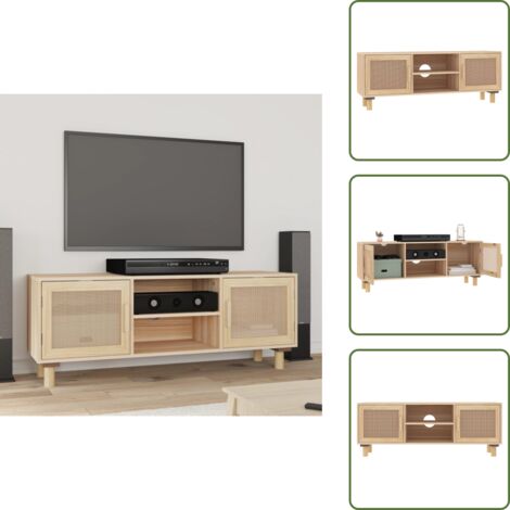 The Living Store Mueble para TV madera maciza pino y ratán natural 105x30x40 cm - Madera maciza