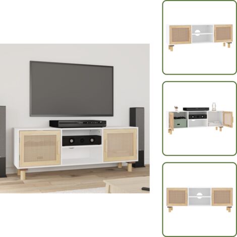 The Living Store Mueble para TV madera maciza pino y ratán natural 105x30x40 cm - Madera maciza