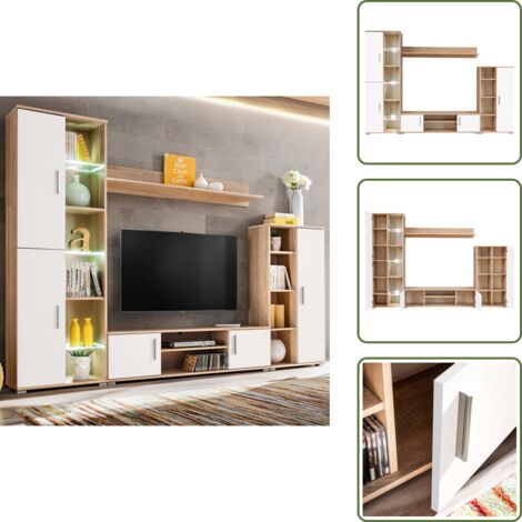 The Living Store Mueble salón pared para TV con luces LED roble Sonoma y blanco - Armario para TV
