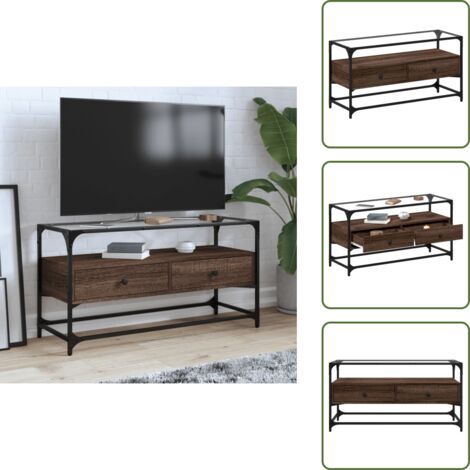 The Living Store Mueble TV cristal y madera ingeniería marrón roble 98x35x51 cm - Mueble de cristal y madera