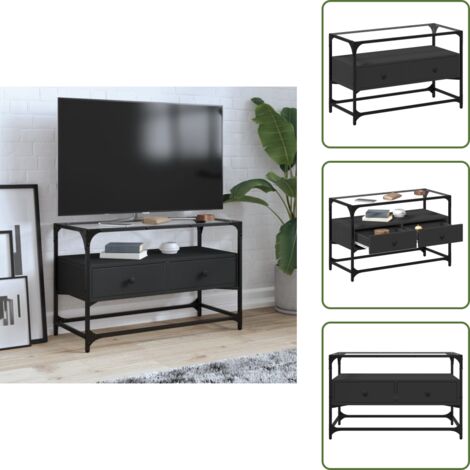 The Living Store Mueble TV cristal y madera ingeniería negro 80x35x51 cm - Mueble de tv negro