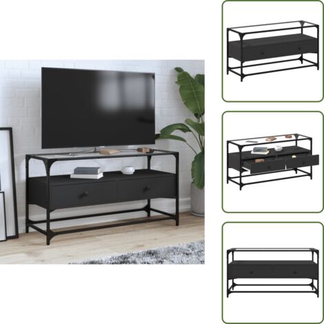 The Living Store Mueble TV cristal y madera ingeniería negro 98x35x51 cm - Mueble de tv cristal y madera
