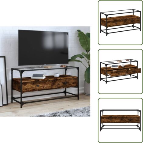 The Living Store Mueble TV cristal y madera ingeniería roble ahumado 98x35x51 cm - Mueble de cristal y madera