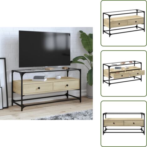 The Living Store Mueble TV cristal y madera ingeniería roble Sonoma 98x35x51 cm - Mueble de tv cristal y madera