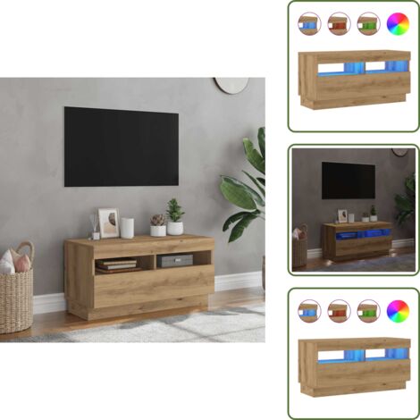 The Living Store Mueble TV luces LED madera ingeniería roble artisan 80x35x40 cm - Luces led rgb