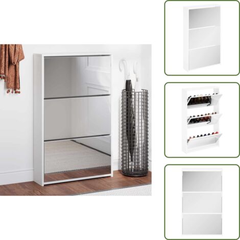 The Living Store Mueble zapatero 3 niveles y espejo blanco 63x17x102,5 cm - Mueble para zapatos