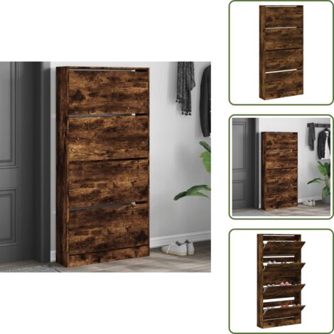 The Living Store Mueble zapatero 4 cajones abatibles roble ahumado 80x21x163,5cm - Muebles de madera