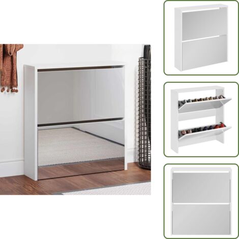 The Living Store Mueble zapatero con espejo 2 niveles blanco brillo 63x17x67 cm - Mueble de zapatos