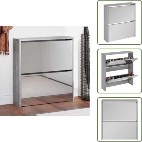 The Living Store Mueble zapatero con espejo 2 niveles gris Sonoma 63x17x67 cm - Mueble de zapatos