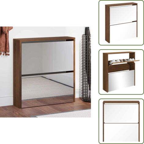 The Living Store Mueble zapatero con espejo 2 niveles roble marrón 63x17x67 cm - Mueble de almacenamiento