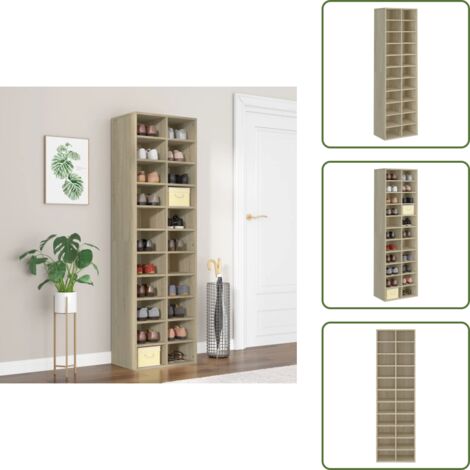 The Living Store Mueble zapatero de madera contrachapada color roble 54x34x183cm - Estantería de zapatos