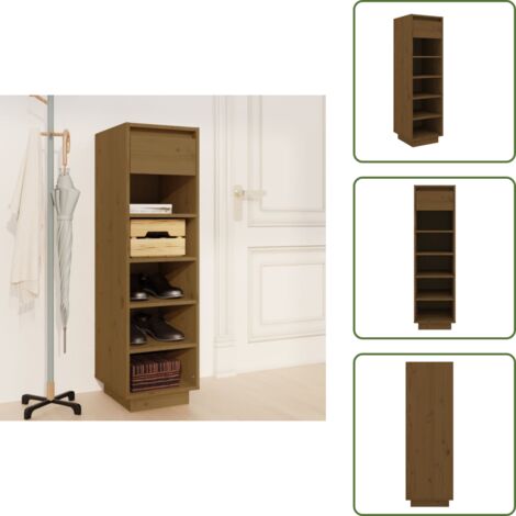 The Living Store Mueble zapatero de madera maciza pino marrón miel 30x34x105 cm - Mueble de madera