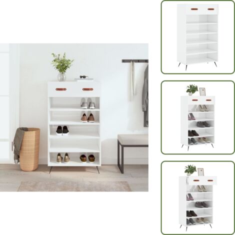 The Living Store Mueble zapatero madera contrachapada blanco brillo 60x35x105 cm - Mueble de madera