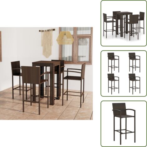 The Living Store Muebles de bar de jardín 5 pzas ratán PE reposabrazos marrón - Bar de jardín