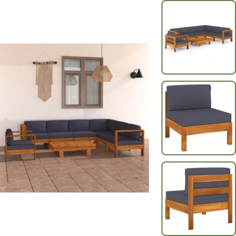 The Living Store Muebles de jardín 10 pzas con cojines gris oscuro madera acacia - Muebles al aire libre