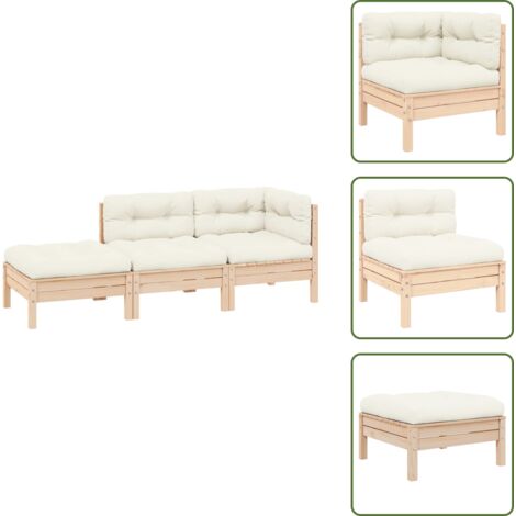 The Living Store Muebles de jardín 3 piezas madera maciza pino con cojines crema - Sofá de jardín