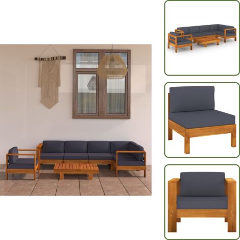 The Living Store Muebles de jardín 7 pzas con cojines gris oscuro madera acacia - Muebles de exterior